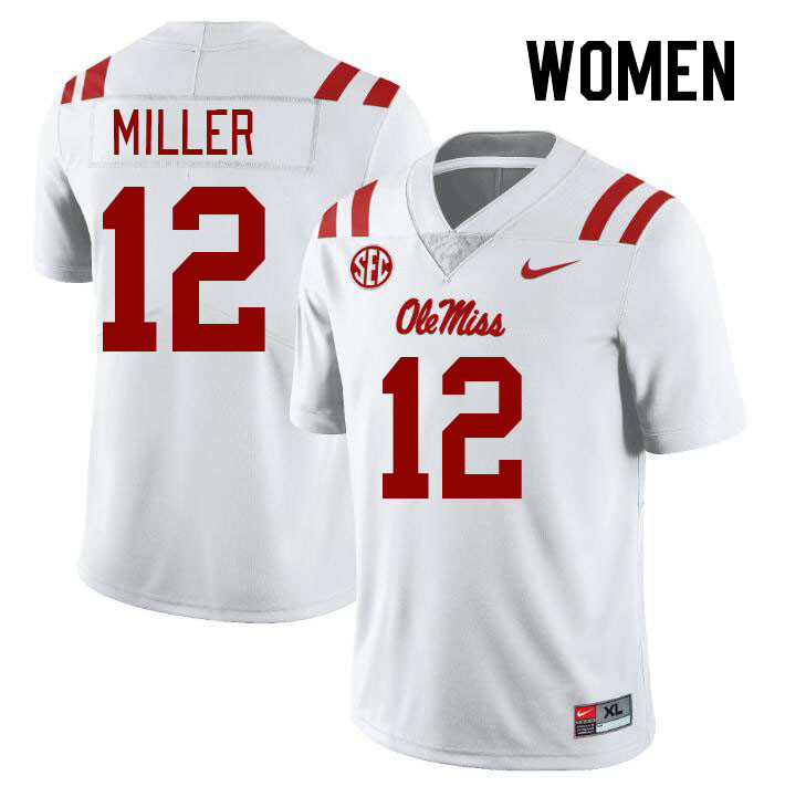 Women #12 Jett Miller Ole Miss Rebels College Football Jerseys Stitched-White